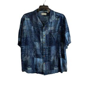 Caribbean Mens Shirt Size 2XB Button Down Blue Silk Blend Short Sleeve Hawaiian